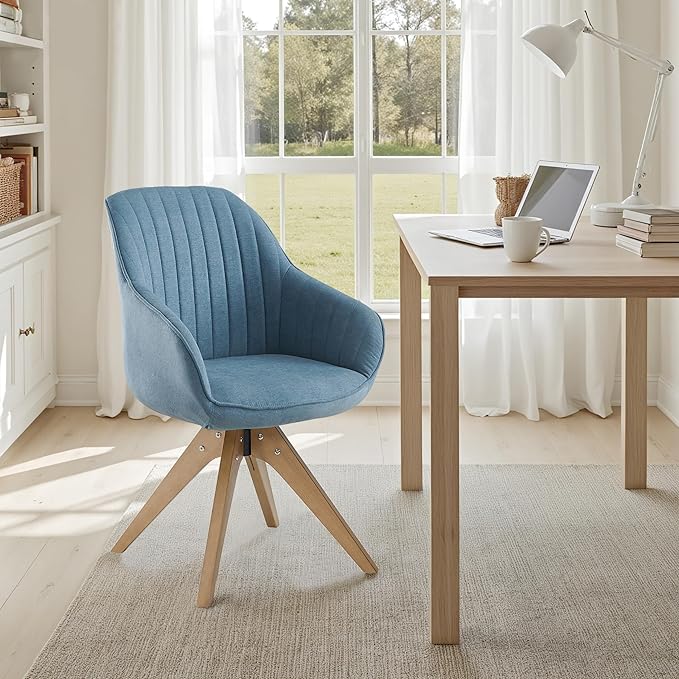 Zouron Mid Century Modern Swivel Accent Chair, Vanity Chair with Wooden Legs, Upholstered Arm Chair No Wheels, Accent Side Chair for Small Space Home Office Living Room Bedroom, Azure