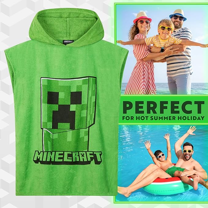 Minecraft Towelling Poncho Kids Teens Hooded Bath Towels Absorbent Beach Towel (Green, 10-13 Years)