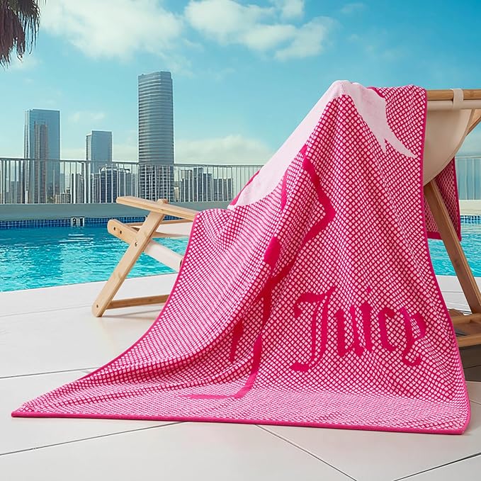 Juicy Couture Pink Flamingo 36" x 72" 100% Cotton Oversized Beach Towel - Soft, Absorbent, and Quick-Drying, Perfect for Beach, Pool, or Travel
