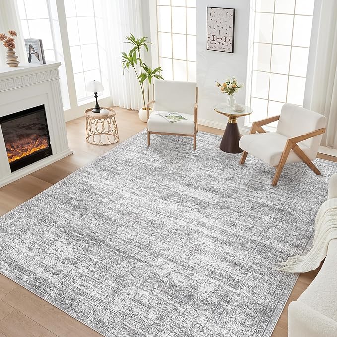 Area Rug Living Room Rugs - 10x14 Abstract Large Soft Indoor Washable Rug Neutral Modern Low Pile Carpet for Bedroom Dining Room Farmhouse Home Office - Vintage Grey