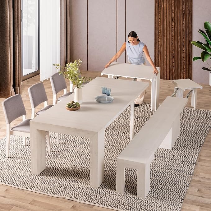 Transformer Table - Solid Wood Extendable Dining Table, Seats 2-12, Extendable Dining Room Table, Space-Saving Furniture, Expandable Dining Furniture (White, Table + Bench + 4 Chairs)
