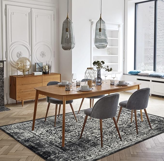 vivorug 5x7 Area Rugs, Stain Resistant Washable Rug for Living Room, Vintage-Inspired Black and White Rug