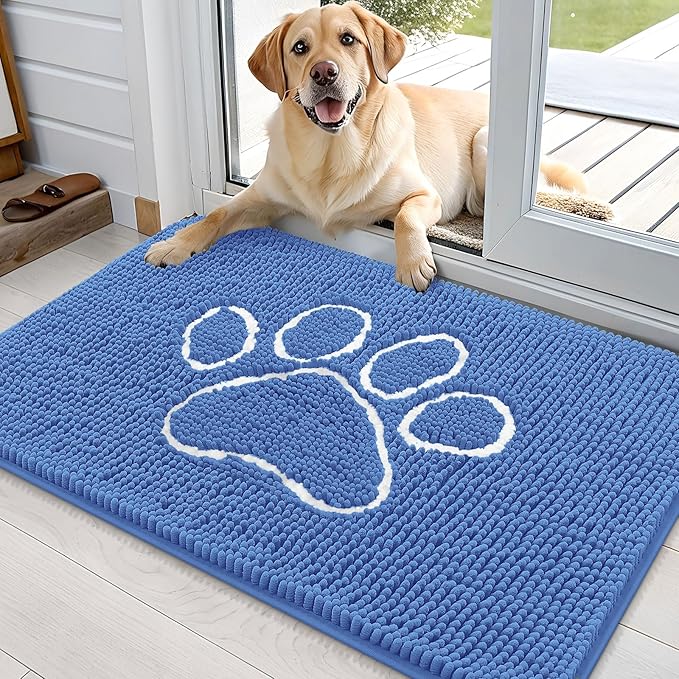 OLANLY Dog Door Mat for Muddy Paws 36x24, Paw Print Design, Absorbs Moisture and Dirt, Absorbent Non-Slip Washable Doormat, Quick Dry Chenille Mud Mat, Entry Indoor Entryway Carpet, Cornflower Blue
