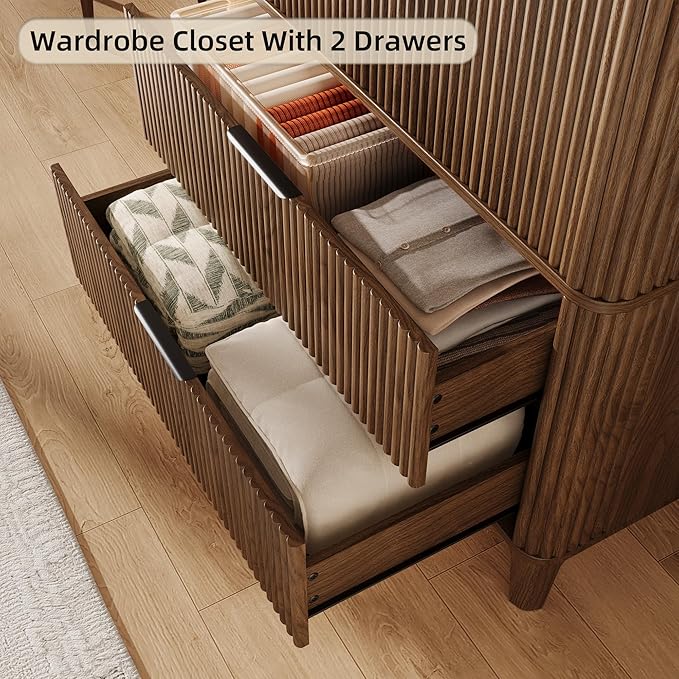 70.1" Arched Wooden Armoire Wardrobe Closet with 2 Doors and 2 Drawers, Fluted Bedroom Armoire with Hanging Rod Shelf, Clothing Storage Cabinet, Wardrobe Armoire Closet Cabinet for Bedroom