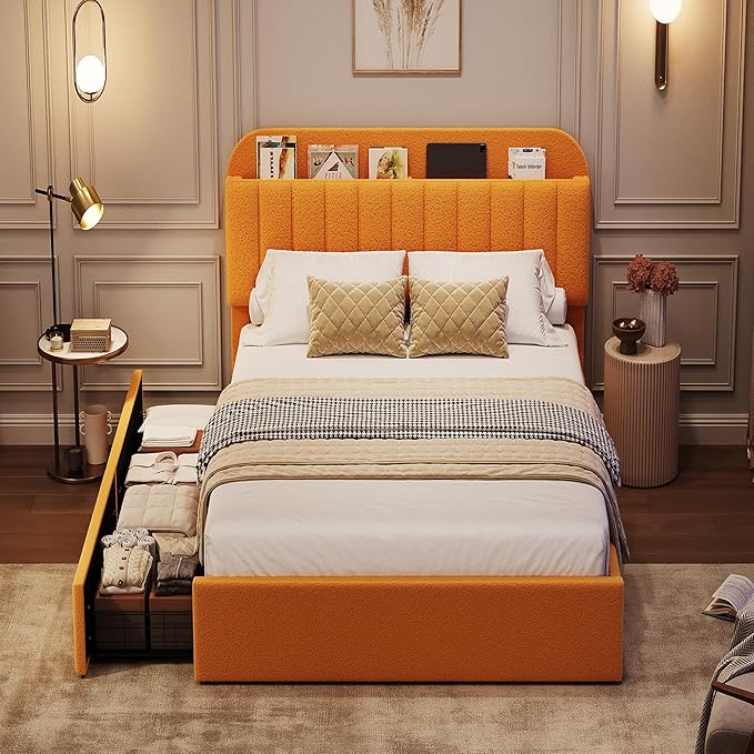 Jojoka Twin Bed Frame with Storage Headboard and 2 Drawers, Boucle Upholstered Platform Bed, Modern Girls Bed Frames for Rooms, No Box Spring Needed, Easy Assembly (Yellow, Twin)
