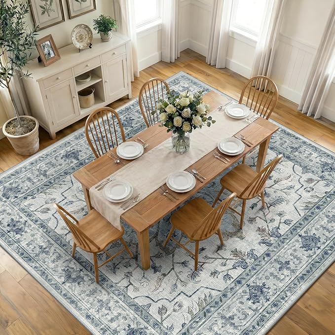 Area Rugs Square 10ft Washable Non-Slip, Floral Vintage Distress Print Pattern Medallion Carpet for Living Room Bedroom Dining Room, Light Blue Navy Beige Gray White
