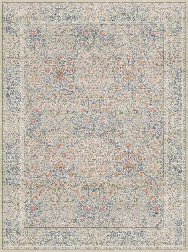 Large 3x4 Entryway Rug Indoor - Washable Non-Slip Low Pile Stain Resistance Ultra Thin Area Rug for Large Kitchen, Bedroom Beside Bed - Vintage Floral Botanical Beige Blue Decor