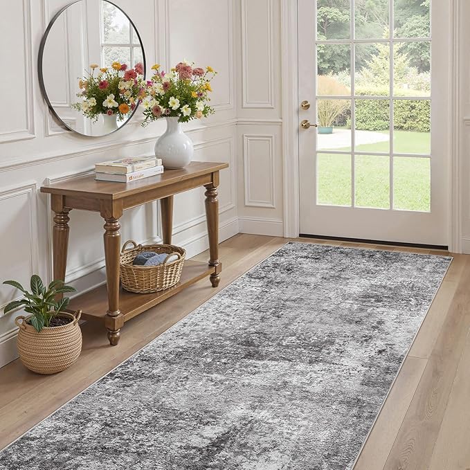Washable Runner Rug for Hallway: 3x8 Neutral Modern Abstract Low Pile Area Rug with Non-Slip Backing - Carpet for Bedroom Kitchen Laundry Entryway Bathroom Indoor - Grey