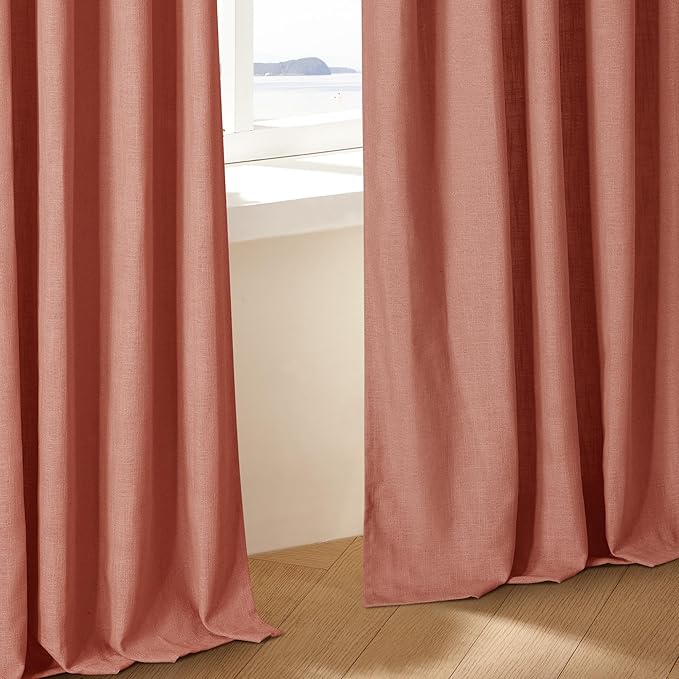 Terracotta 90 Inch Linen Curtains Pinch Pleated for Living Room Bedroom Dining Boho Light Filtering Pinch Pleat Drapes Hooks Rings Back Tab Semi Sheer Red Clay Autumn Fall Window Curtains 2 Panels