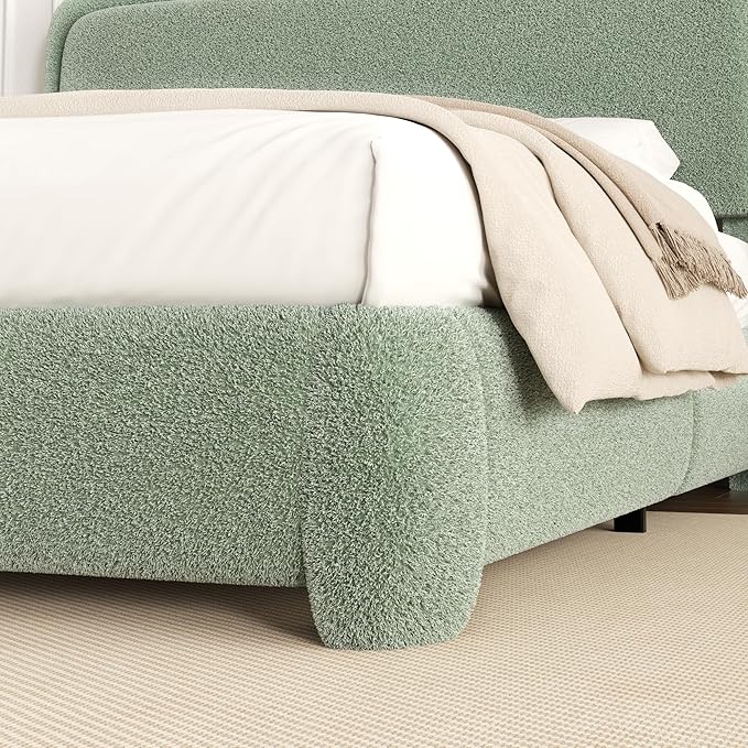 Queen Size Platform Bed Frame with Headboard, Boucle Upholstered Desige, Anti-Collision Corners, Soft Rounded Corners, No Box Spring Required, Easy Assembly, Noise Free
