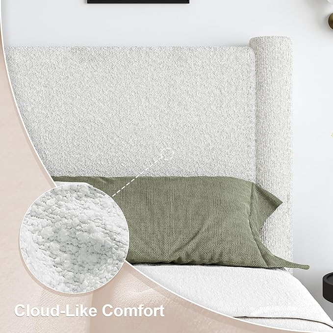 Full Size Bed Frame, Boucle Upholstered Platform Bed with Headboard and Footboard, Soft Rounded Corners, No Box Spring Required, Easy Assembly, White