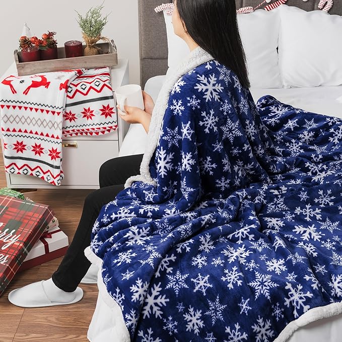 PAVILIA Premium Christmas Sherpa Throw Blanket | Blue Snowflake Decoration, Fleece, Plush, Warm, Cozy Reversible Microfiber Holiday Blanket 60 x 80 Inches