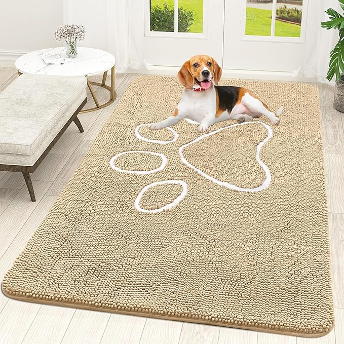OLANLY Dog Door Mat for Muddy Paws 59x35, Paw Print Design, Absorbs Moisture and Dirt, Absorbent Non-Slip Washable Doormat, Quick Dry Chenille Mud Mat for Dogs, Entry Indoor Entryway Carpet, Beige