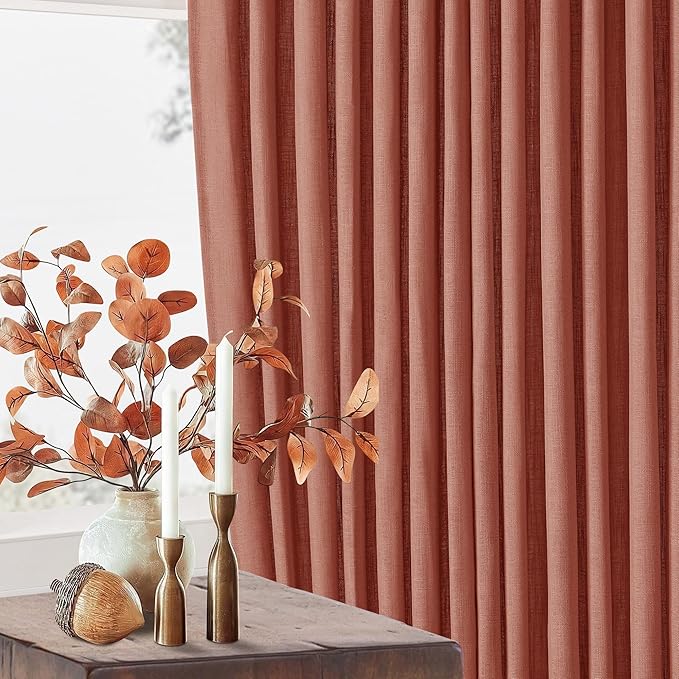 Terracotta Pinch Pleated Linen Curtains 45 Inch Length 2 Panels Set for Bedroom Dining Room Kitchen Semi Sheer Linen Boho Farmhouse Small Window Curtains 45 Inches Long Burnt Orange Autumn Fall Decor