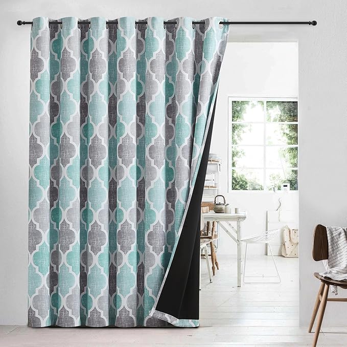 Beauoop 100% Blackout Curtains 96 Inches Long for Patio Sliding Door Aqua Grey Extra Wide Moroccan Geo Room Darkening Thermal Soundproof Room Divider Grommet Window Treatment Drapes,100x96 Set of 1