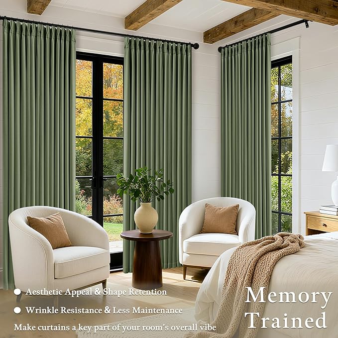 Extra Long Blackout Pleated 108 Inch Curtains Floor Ceiling 2 Panels Set for Living Room Memory Trained Pinch Pleat 100% Black Out Dual Layer Olive Green Soundproof Thermal Insulated Linen Curtains