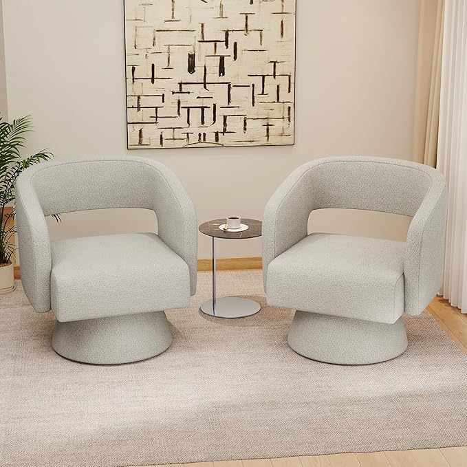 Swivel Accent Chair, Modern Comfy Teddy Barrel Chairs, Oversized Upholstered Round Arm Chair for Living Room, Bedroom, Reading Room, White, 1 PCS