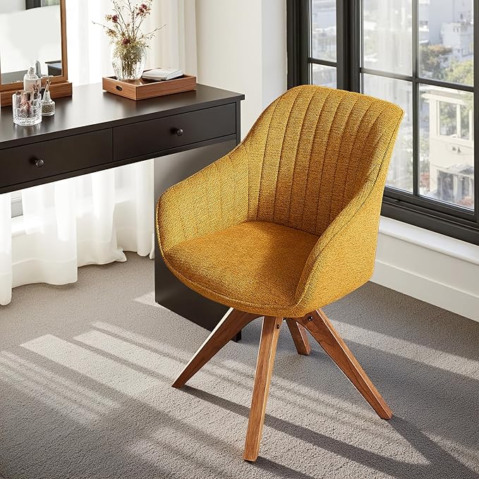 Zouron Mid Century Modern Accent Chair with Wooden Legs, Upholstered Swivel Chair No Wheels, Side Accent Armchair Vanity Chair for Small Space Home Office Living Room Bedroom, Yellow