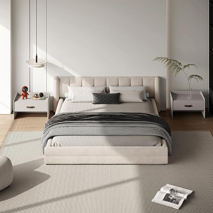 DEINPPA Queen Size Bed Frame with Cloud Soft Headboard, Chenille Upholstered Grounded Wood Base Bed Frame, No Box Spring Needed-Beige