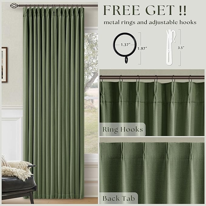 100 Inch Blackout Pinch Pleat Curtains 2 Panels Set for Living Room Bedroom Farmhouse Farmhouse Pinch Pleated Back Tab Thermal Insulated 100% Black Out Window Curtain Olive Green 100 Inch Length