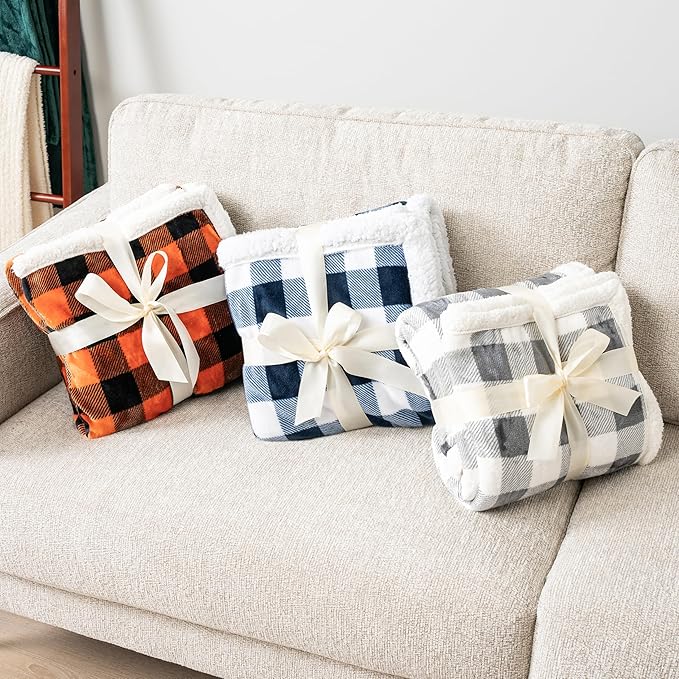 PAVILIA Black Orange Buffalo Plaid Sherpa Throw Blanket for Couch, Plush Halloween Checkered Fleece Blanket and Throws, Soft Fuzzy Flannel Blanket for Sofa Bed, Warm Cozy Winter Blanket Gift, 50x60