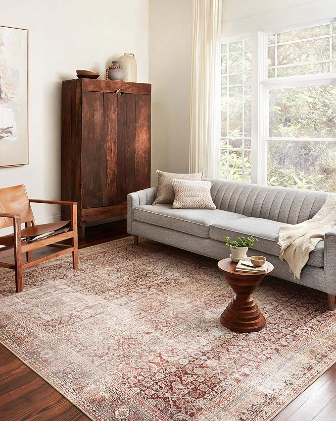 Loloi Layla Collection LAY-11 Cinnamon/Sage 5'-0" x 7'-6" .13" Thick Area Rug, Soft, Durable, Vintage Inspired, Distressed, Low Pile, Non-Shedding, Easy Clean, Printed, Living Room Rug
