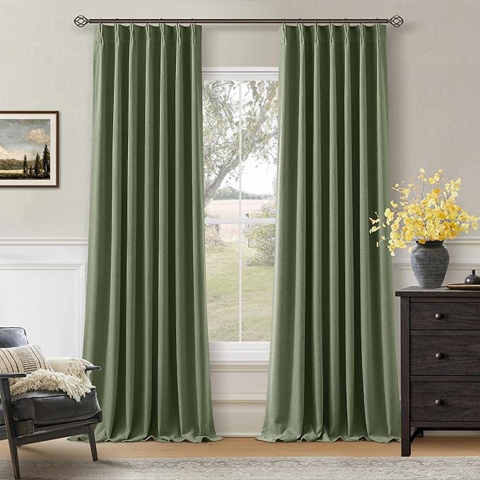 Pleated Blackout Olive Green Curtains 96 Inches Long 2 Panels Set for Bedroom Living Room Darkening Linen Blend Back Tab Pinch Pleat Memory Shape with Liner Soundproof 96 Inch Window Curtains