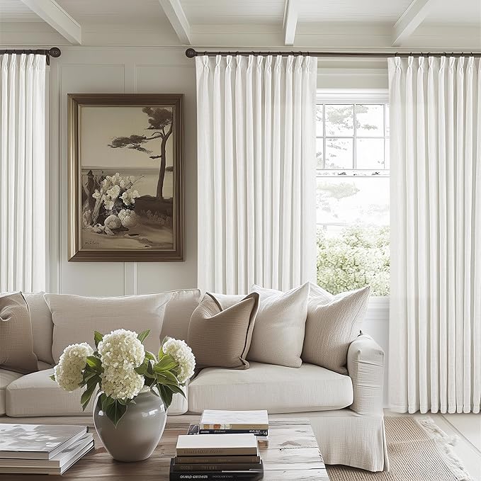 Extra Wide Linen Curtains 102 Inches Long 70 Inch Wide for Living Room Bedroom Light Filtering Beige Off White Pinch Pleated Curtains Hooks Rings Back Tab for Sliding Door 1 Panel 70Wx102L