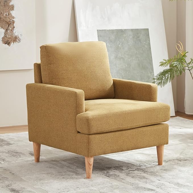 VKNOW Mid-Century Accent Chair, No Tools Assembly Required, Modern Upholstered Polyester Armchair for Living Room,Comfy Reading Accent Chairs with Wood Legs for Bedroom, Yellow
