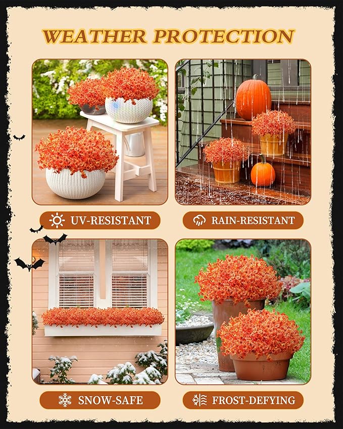 Artificial Fall Flowers Faux Mums for Outdoor Planters,Orange Red 16 Bundles Silk Fake Plants UV Resistant for Outside,Autumn Decorations for Porch,Pot,Window Boxes,Front Yard,Thanksgiving Home Decor