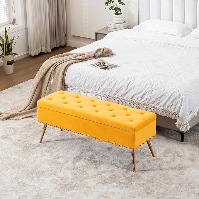 Velvet Storage Bench with Gold Legs& Nailhead Trim, 46" Wide Upholstered Modern Bedroom Bench for End of Bed, Tufted Ottoman for Entryway Living Room Dining Room (Mustard Yellow, 46" Wide)