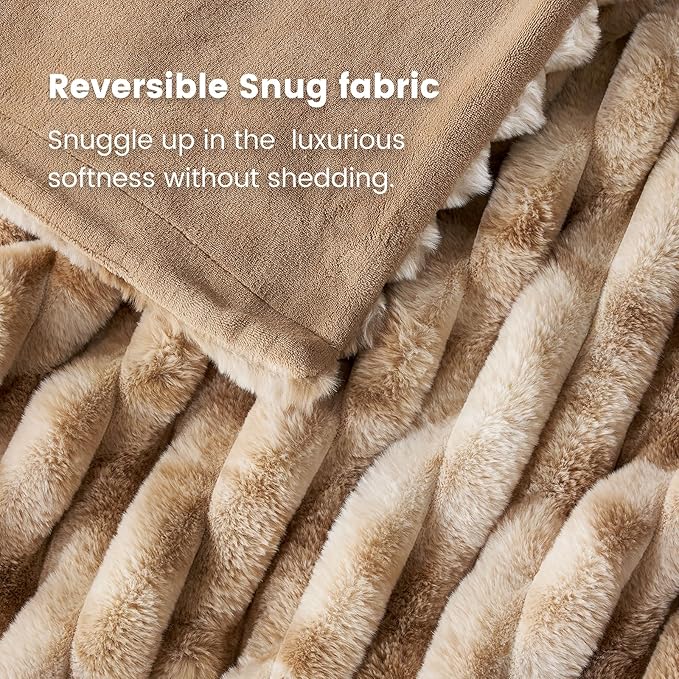 Cozy Bliss Faux Fur Throw Blanket for Couch, Cozy Warm Plush Striped Blanket for Sofa Bedroom Living Room, 90 * 90 Inches Tie-dye Khaki