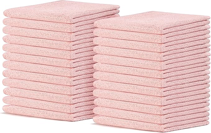 Crystal Ridge Cotton Wash Cloths 24 Pack - Washcloths for Showering, Face and Body, Soft and Highly Absorbent Multipurpose Towels for Bathroom, Kitchen, Spa and Gym - Wash Rags 12 x12 (Lt Pink)