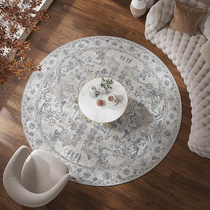 jinchan Lima Round Rug 7ft Vintage Machine Washable Area Rug Indoor Circle 7' Ultra-Thin Non-Slip Floral Print Carpet for Farmhouse Entryway Dining Room Living Room Bedroom Office (7'Round, Blue)
