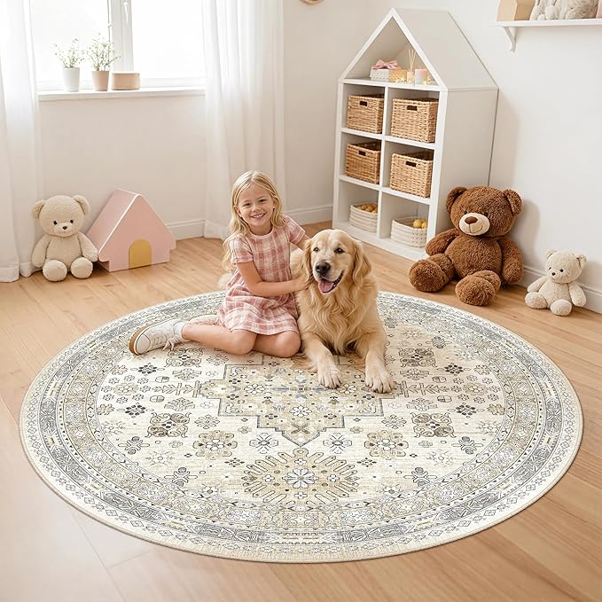 zesthome Washable Round Area Rugs - Non-Slip 6ft Round Rugs, Ultra-Thin Large Circle Rugs for Living Room, Soft Low Pile Rug for Bedroom, Kitchen, Nursery - Vintage Stain Resistant Round Rug