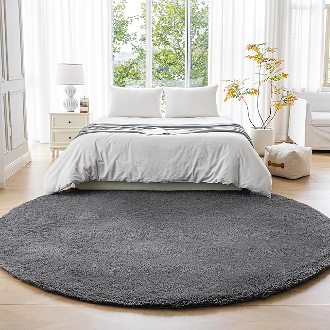 Amazon Basics Fluffy Washable Round Area Rug, Circle Shaggy Carpet for Living Room, Bedroom, Nursery, 7'R, Dark Gray