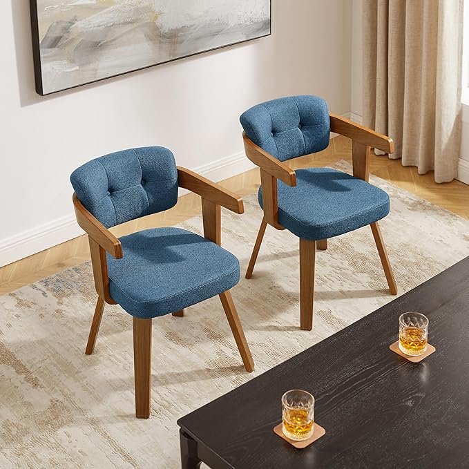 Art Leon Mid Century Modern Dining Chairs - Set of 2 Comfy Fabric Upholstered Swivel Dining Chairs Home Office Chair No Wheels Accent Arm Chair with Wood Legs for Kitchen Living Room Bedroom, Blue