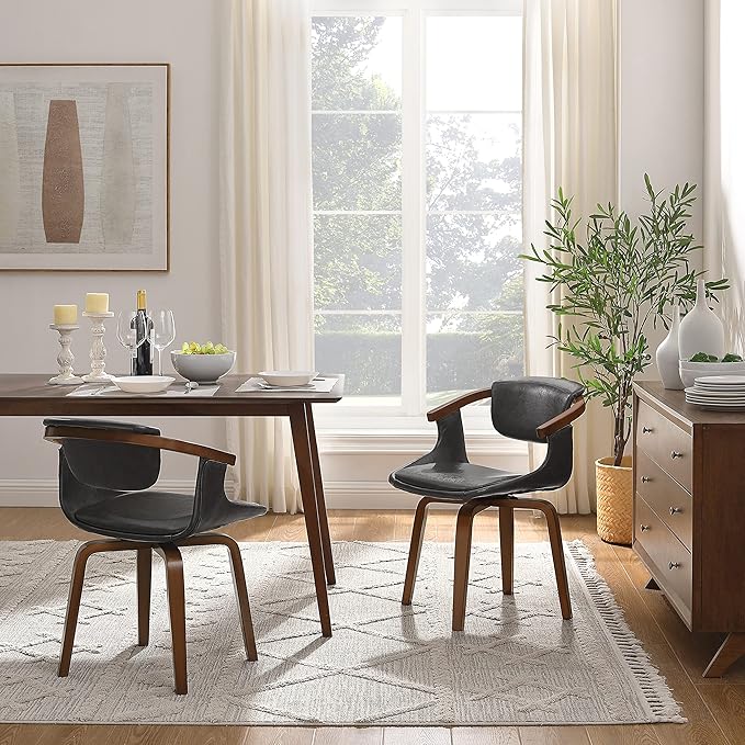Art Leon Swivel Dining Chairs, Set of 2, Mid Century Modern Faux Leather Kitchen Dining Room Chair with Arms, Desk Chairs No Wheels, Gray