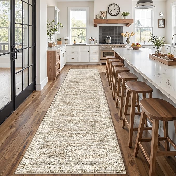 Runner Rug 2'6" x 12' Washable Non-Slip Runner Rugs for Kitchen Bathroom Laundry Room Vintage Ultra Thin Runners for Hallway Entryway Brown