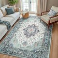 Area Rugs 5'x8' Washable Non-Slip, Floral Vintage Distress Print Pattern Medallion Carpet for Living Room Bedroom Dining Room, Green Navy Blue White Red Teal Colorful