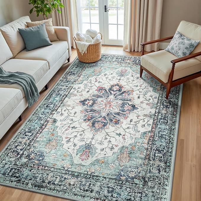 Area Rugs 5'x8' Washable Non-Slip, Floral Vintage Distress Print Pattern Medallion Carpet for Living Room Bedroom Dining Room, Green Navy Blue White Red Teal Colorful
