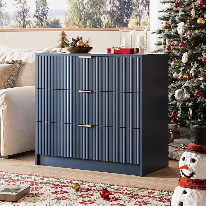 Fluted Dresser for Bedroom, 32 Inch Wide Nightstand with Large Drawer, 3 Drawer End Table for Bedroom, Living Rooms, Offices, and Entryways, Navy Blue