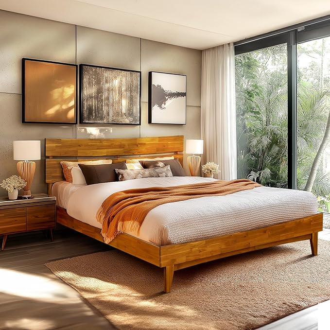 Acacia Aurora 800 lbs Capacity Queen Bed Frame and Headboard Solid Wood Platform Bed, Contemporary Signature Wood Bed Frame Compatible with All Mattress Types 30 Mins Assembly, Caramel