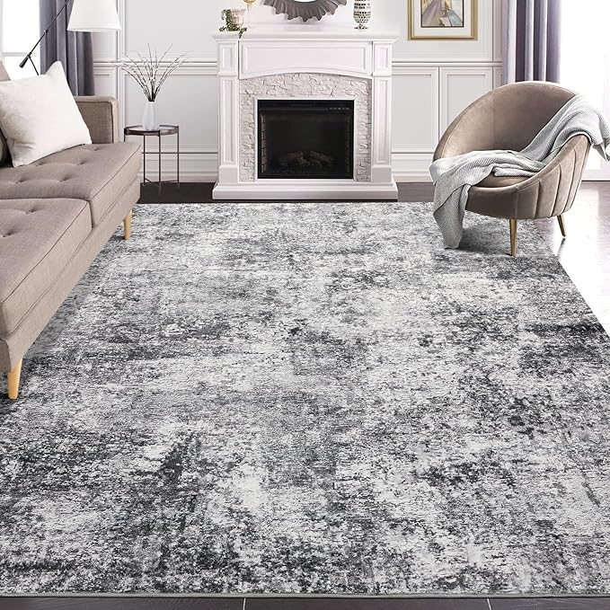 Area Rug Living Room Rugs - 7x9 Large Soft Indoor Neutral Modern Abstract Low Pile Washable Rug Carpet for Bedroom Dining Room Farmhouse Home Office - Grey
