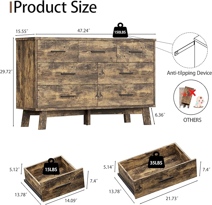 Dresser for Bedroom with 7 Drawer, Wood Modern Chest of Drawers with X-Shaped Sturdy Base, Wide Double Dresser Closet Clothes Storage Organizer, Wooden TV Stand for Living Room, Hallway, Brown