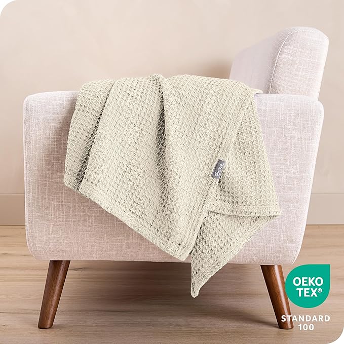Bare Home Oyster Waffle Blanket, Throw Size 44Wx66L, 100% Cotton, Soft & Breathable for All Seasons, Lightweight, Perfect for Layering Bed, Sofa & Couch (Throw/Travel, Oyster)