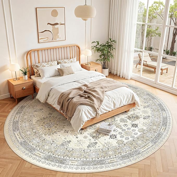 zesthome 8ft Round Rugs for Living Room, Non-Slip Washable Round Area Rugs, Ultra-Thin Large Circle Rugs, Soft Low Pile Rug for Bedroom, Kitchen - Vintage Stain Resistant Round Rug (Beige,8'x8')