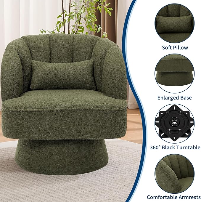 GarveeHome Modern Swivel Barrel Accent Chair, 360° Teddy Fabric Upholstered Armchair with Striped Backrest & Plush Padding, Comfy Round Lounge Chair for Living Room, Bedroom, Reading Nook, Green