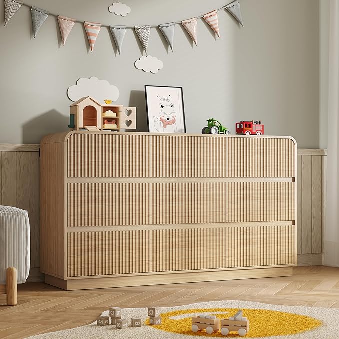 Dresser for Bedroom with 9 Drawers, Fluted Chest of Drawers with Round Curved Corner, Hidden Handles, Modern Wood Storage Organizer for Bedroom, Nursery, Living Room