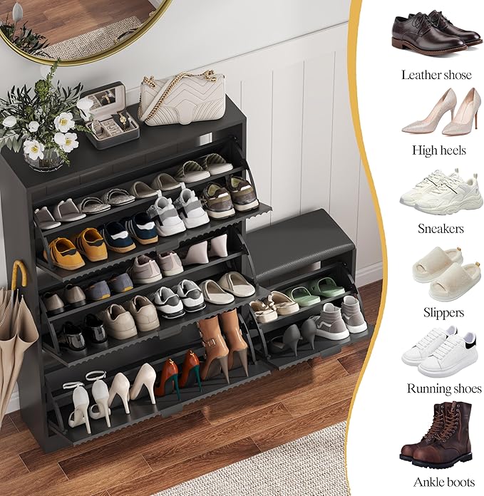 Shoe Cabinet Storage for Entryway with 4 Flip Drawers, Black Fluted Shoe Cabinet with Bench, Wooden Hidden Shoe Rack Freestanding Narrow Slim Shoes Storage Organizer for Hallway, Entrance